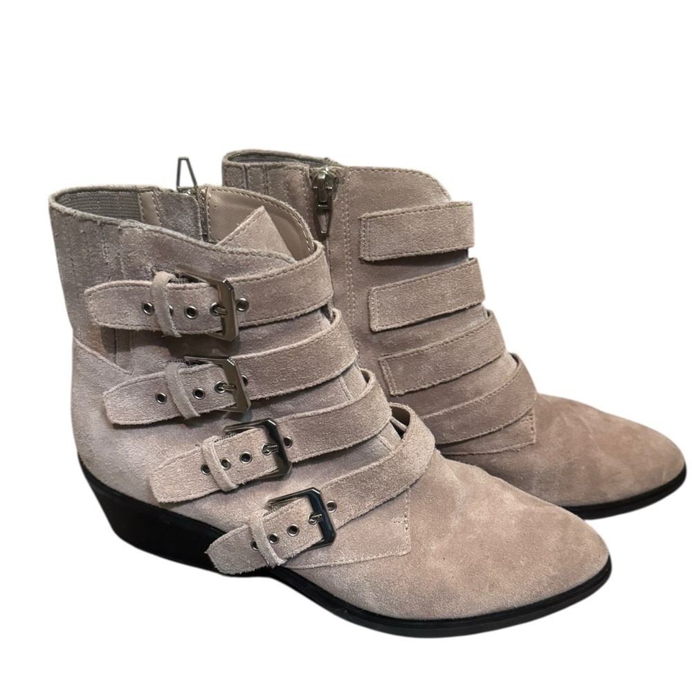 DOLCE VITA TAE Taupe Suede Buckle Moto Ankle Boots Booties Size 9 Side Zip EUC